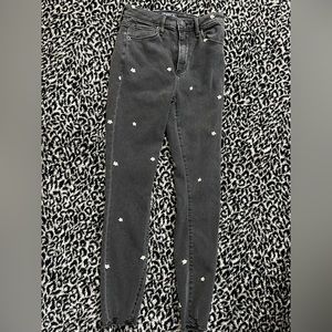 Women Embroidered Flower Black Jeans